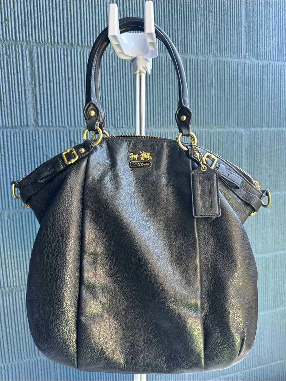 Coach Black Pebbled Leather Shoulder Bag with Gold Accents